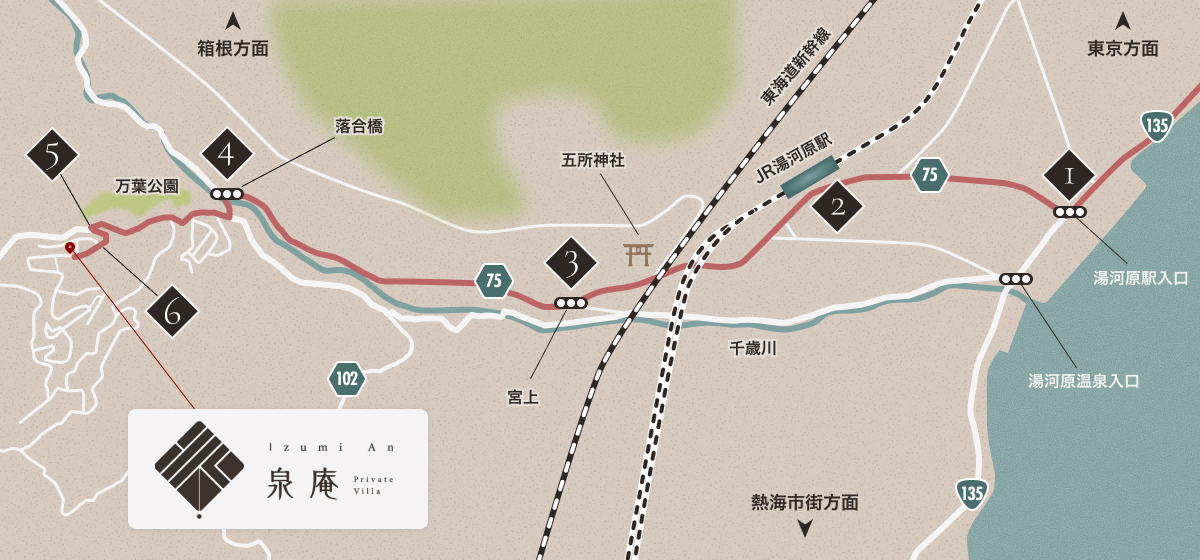 湯河原駅周辺から泉庵までのアクセスマップ